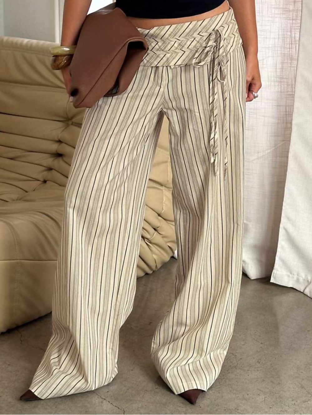 Princess Polly Cream & Black Striped Wide Leg Tie-Waist Pants